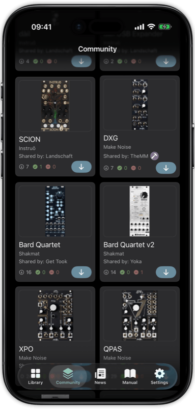 RackDocs community library showing downloadable Eurorack module cheat sheets from various manufacturers