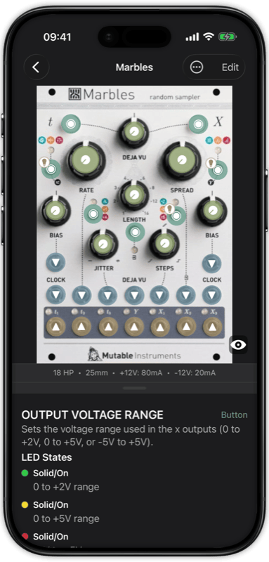 Eurorack module faceplate with annotated knobs, jacks, and switches in the RackDocs app