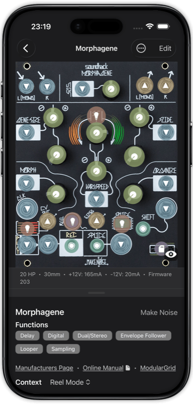 RackDocs annotation editor showing a Eurorack module faceplate with labeled knobs, jacks, switches, and LEDs